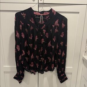 Anthropologie Black Blouse with Pink Floral Pattern